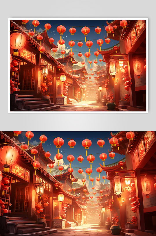 AI数字艺术国风新年年货节建筑插画