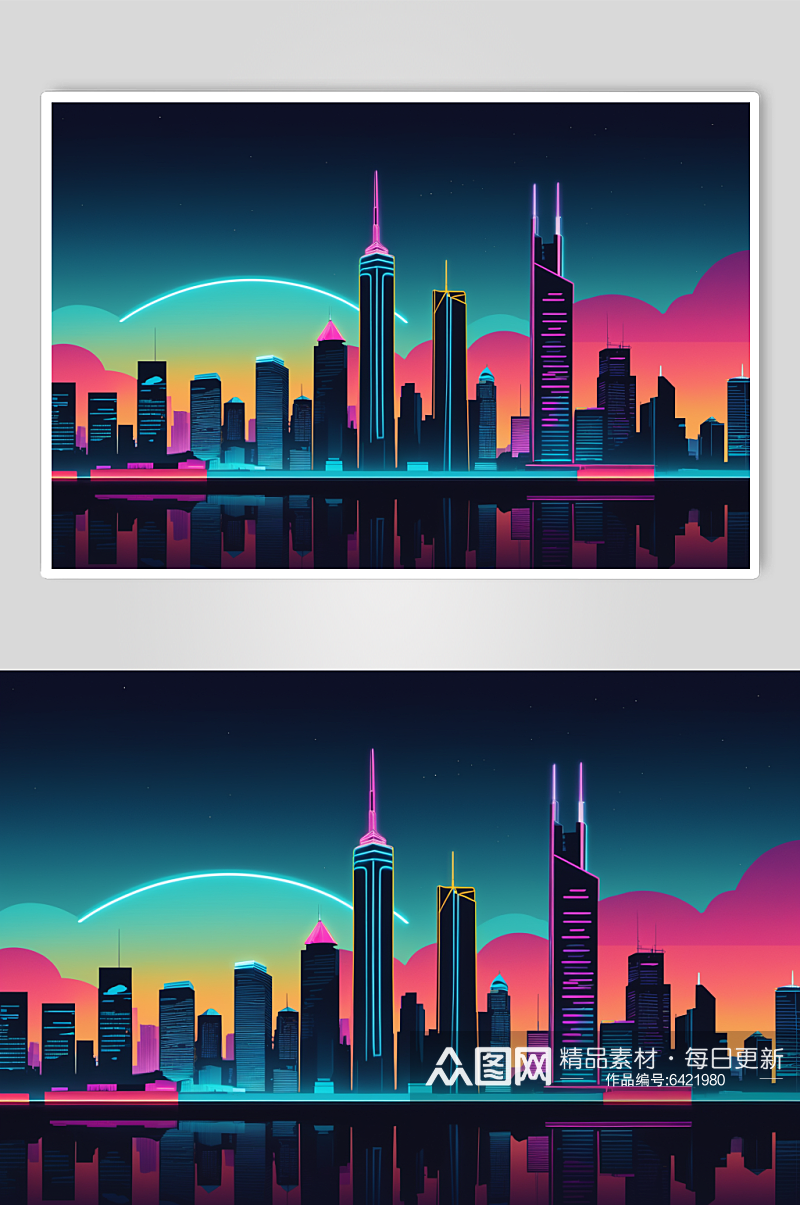 AI数字艺术霓虹城市风景插画背景图素材