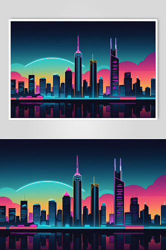 AI数字艺术霓虹城市风景插画背景图