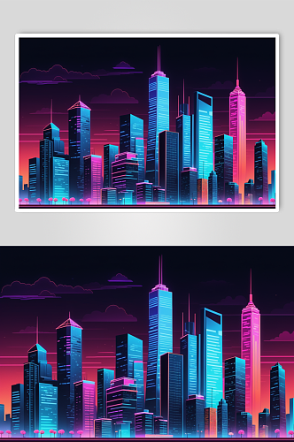 AI数字艺术霓虹城市风景插画背景图