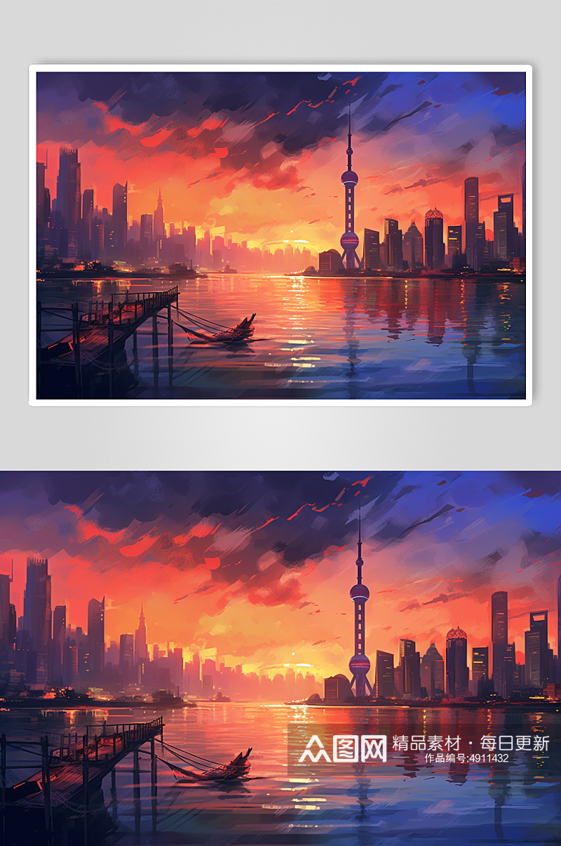 AI数字艺术原创东方明珠霓虹城市风景插画素材