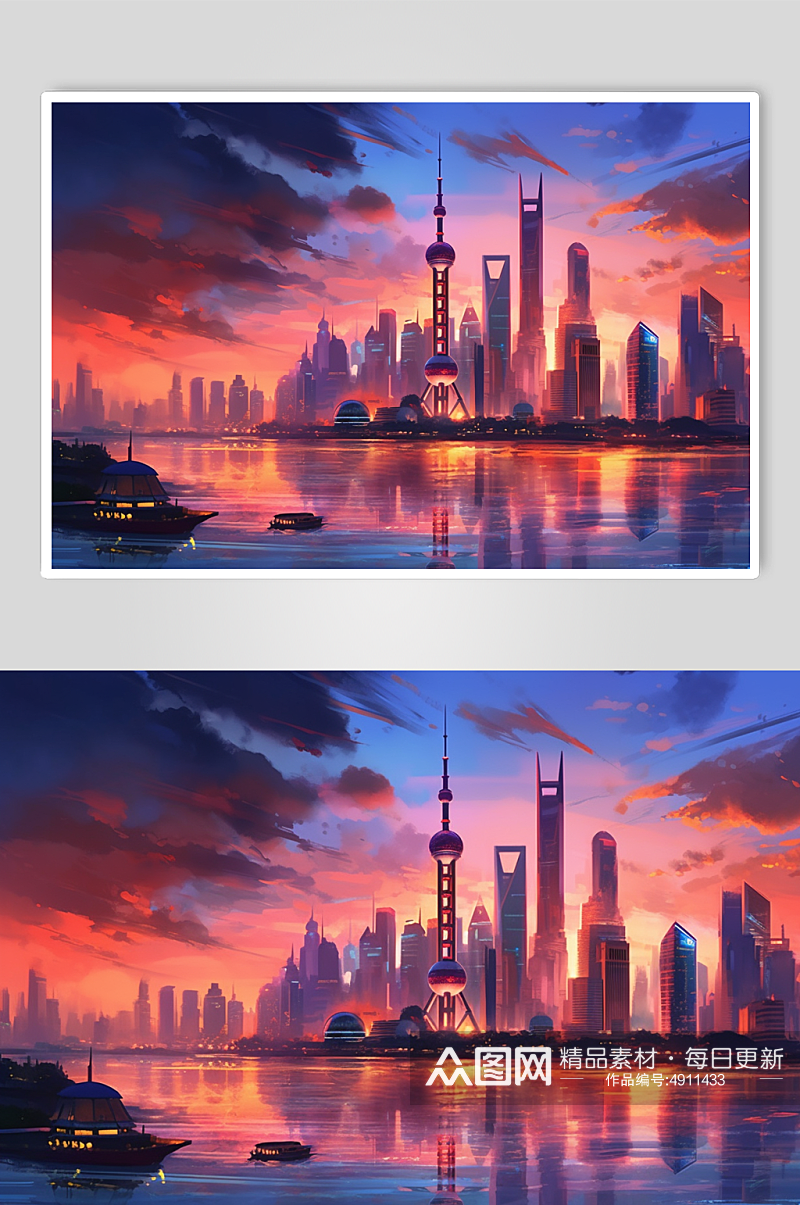 AI数字艺术原创东方明珠霓虹城市风景插画素材