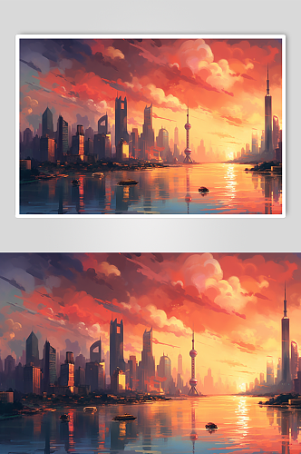 AI数字艺术原创东方明珠霓虹城市风景插画