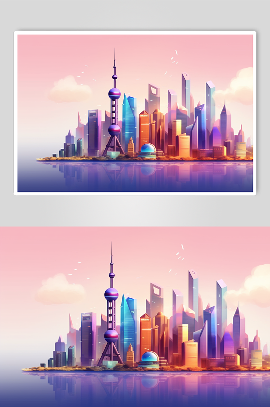 AI数字艺术炫彩建筑高楼霓虹城市风景插画
