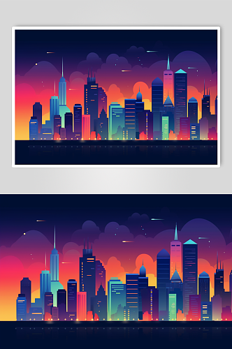 AI数字艺术高清建筑高楼霓虹城市风景插画