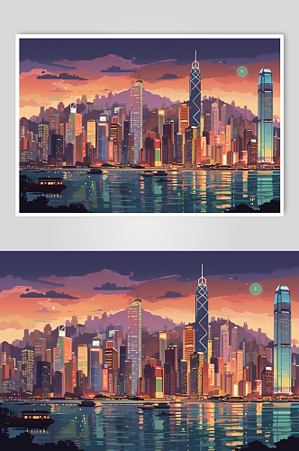 AI数字艺术现代建筑高楼霓虹城市风景插画