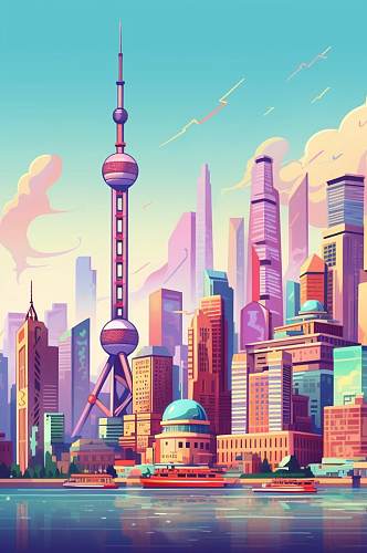 AI数字艺术原创东方明珠霓虹城市风景插画
