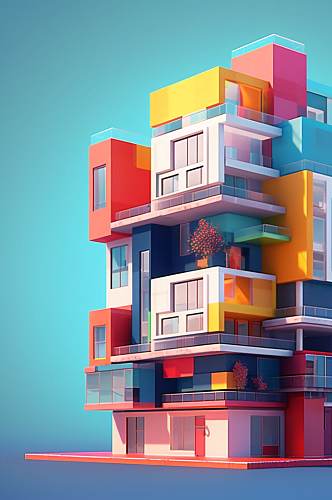AI数字艺术现代房屋霓虹城市风景插画