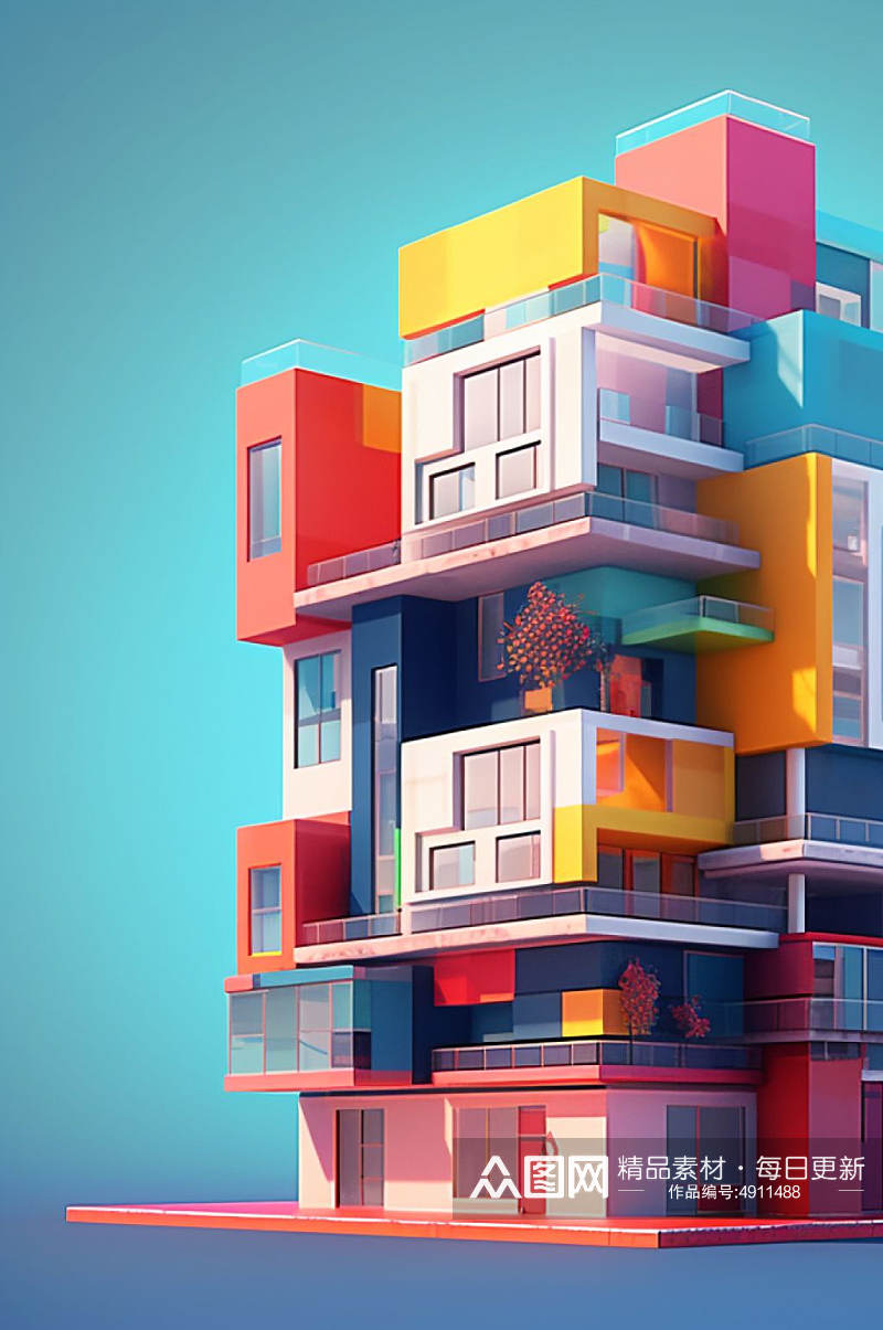 AI数字艺术现代房屋霓虹城市风景插画素材
