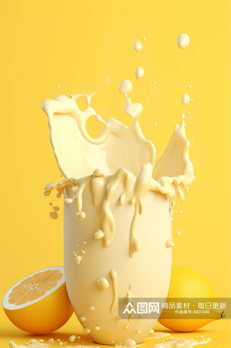AI数字艺术创意柠檬酸奶液体飞溅模型元素素材