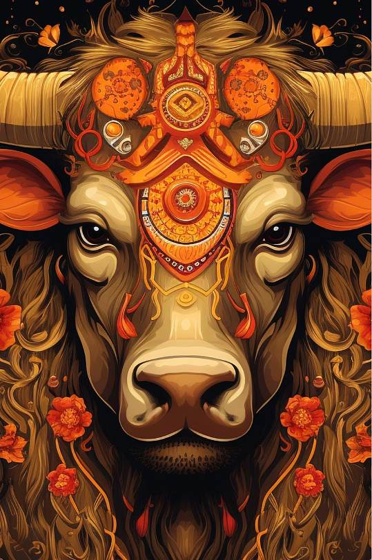 AI数字艺术精美花纹牛年动物纹样插画