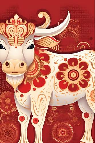 AI数字艺术精美花纹牛年动物纹样插画