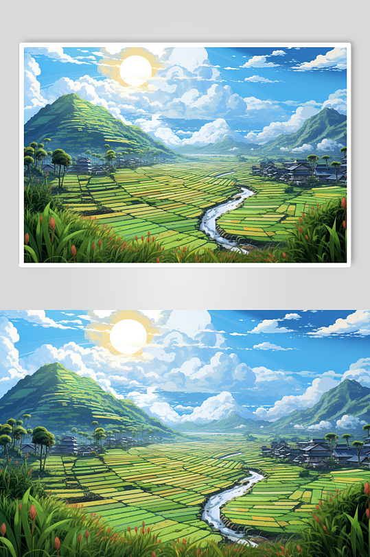 AI数字艺术农村乡村振兴农田卡通绘图插画