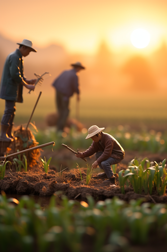 AI数字艺术微距小人农民春耕农业摄影图
