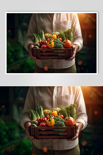 AI数字艺术农民手捧着一篮蔬菜农业摄影图