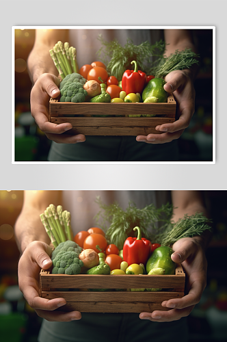 AI数字艺术农民手捧着一篮蔬菜农业摄影图