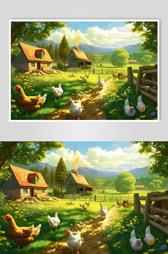 AI数字艺术手绘小鸡农庄农场插画图片