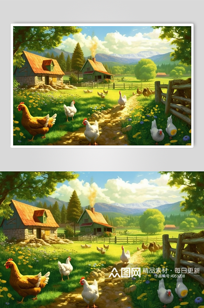 AI数字艺术手绘小鸡农庄农场插画图片素材