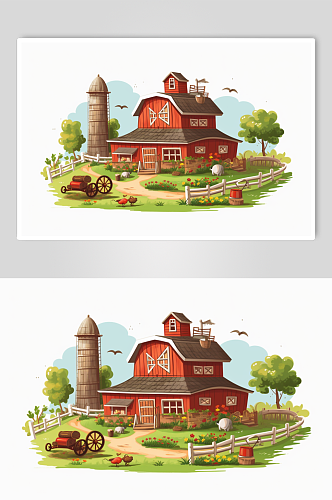 AI数字艺术手绘木屋农庄农场插画图片