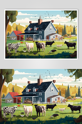 AI数字艺术手绘奶牛农庄农场插画图片