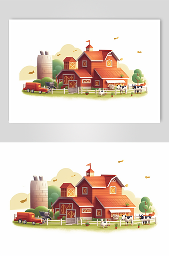 AI数字艺术卡通木屋农庄农场插画图片