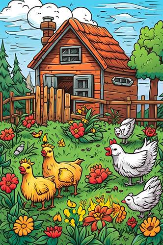 AI数字艺术卡通小鸡农庄农场插画图片