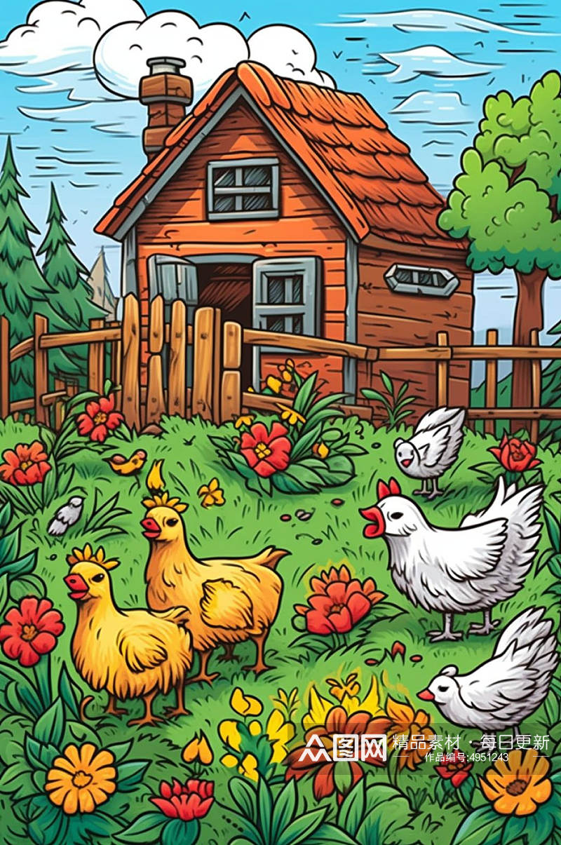 AI数字艺术卡通小鸡农庄农场插画图片素材
