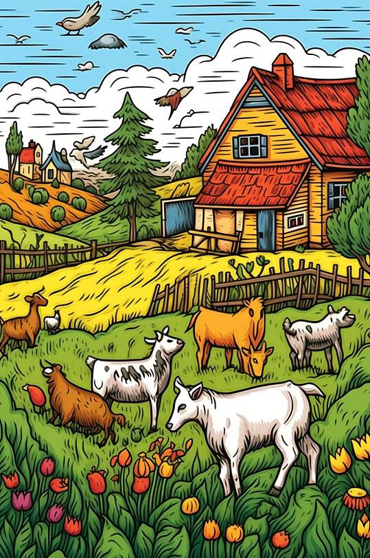 AI数字艺术卡通小牛农庄农场插画图片
