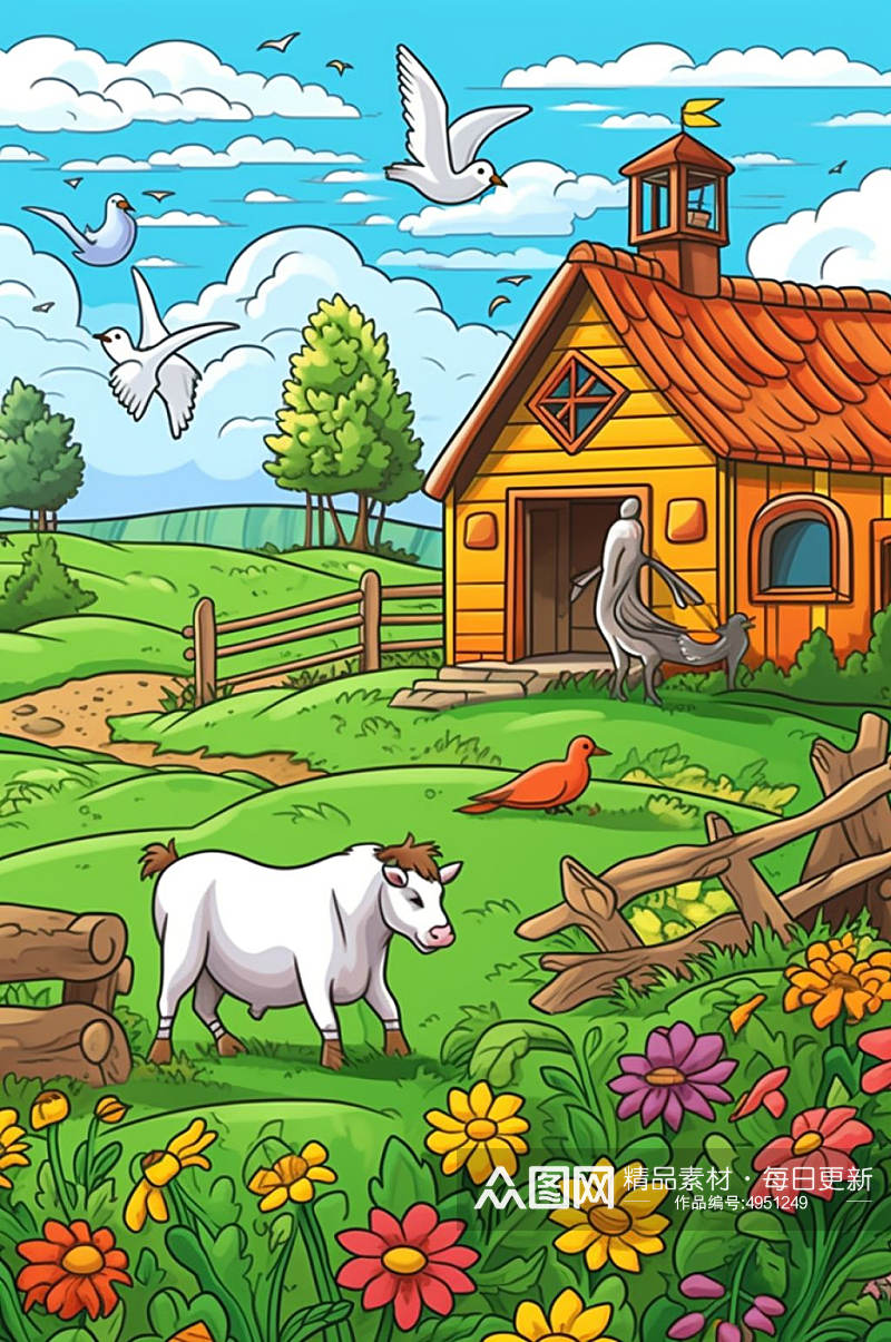 AI数字艺术卡通小牛农庄农场插画图片素材