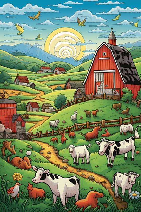 AI数字艺术卡通奶牛农庄农场插画图片