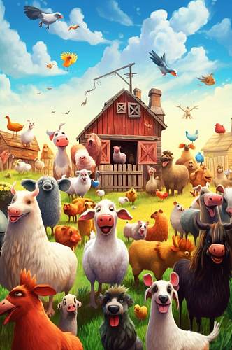AI数字艺术卡通小动物农庄农场插画图片
