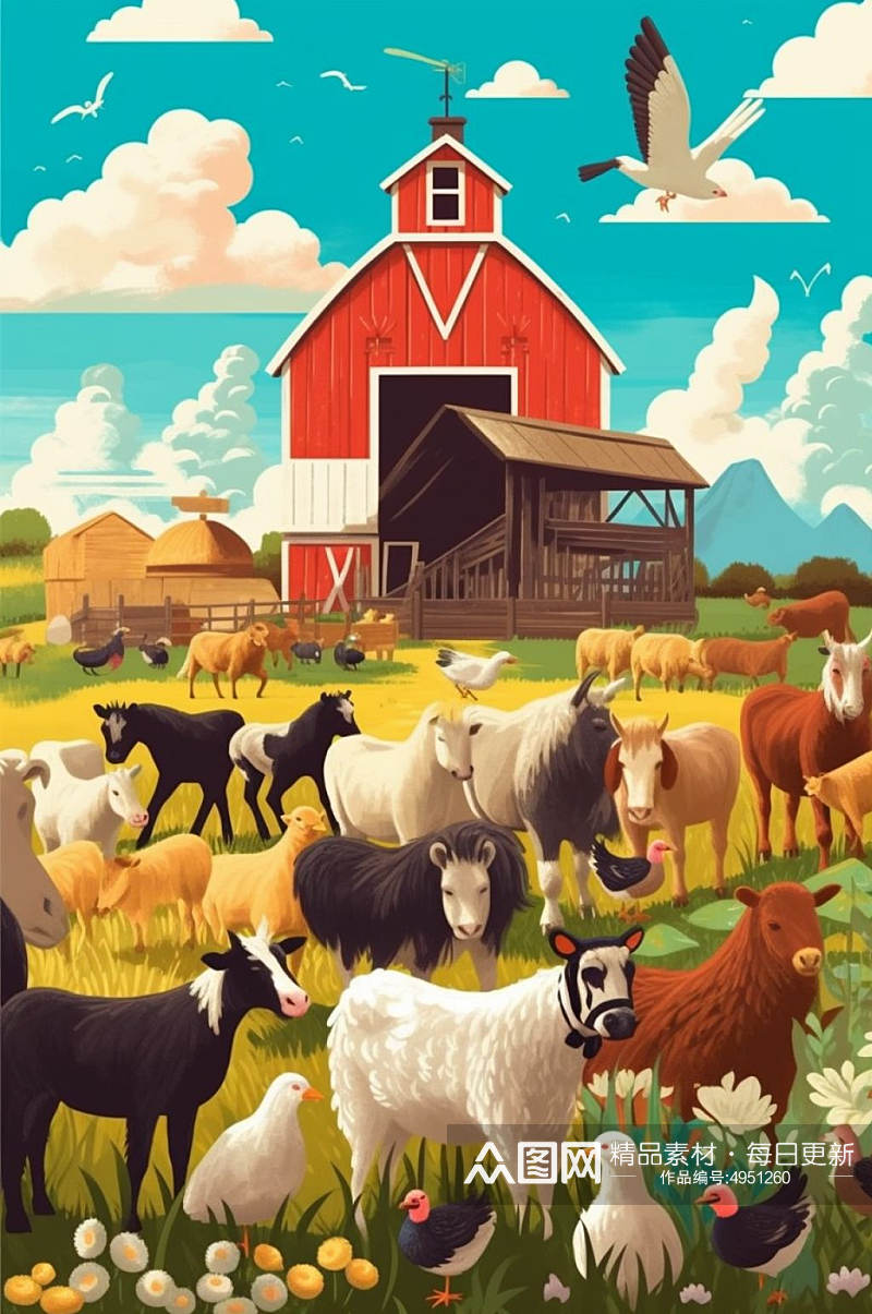 AI数字艺术卡通小动物农庄农场插画图片素材