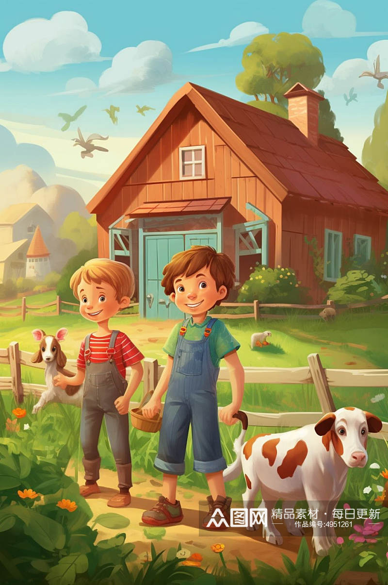 AI数字艺术卡通小男孩农庄农场插画图片素材