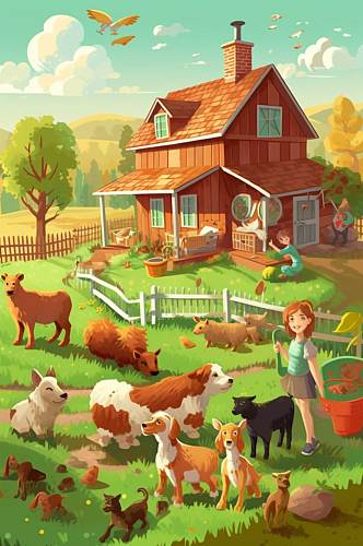 AI数字艺术卡通小女孩农庄农场插画图片