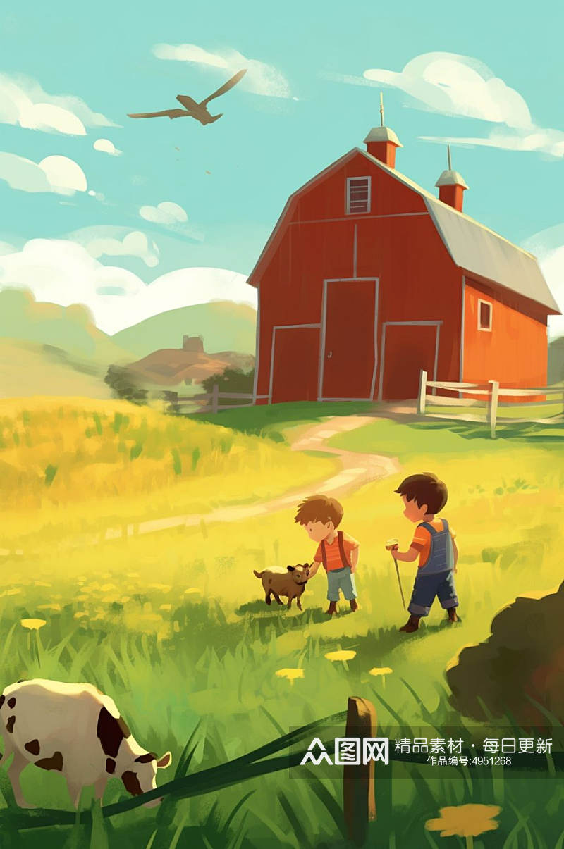 AI数字艺术创意小男孩农庄农场插画图片素材