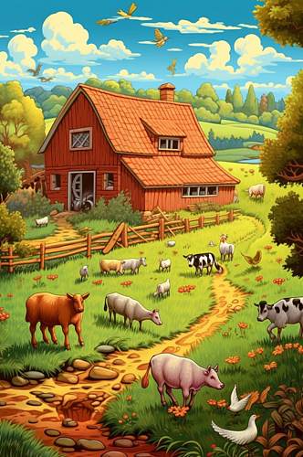 AI数字艺术创意奶牛农庄农场插画图片