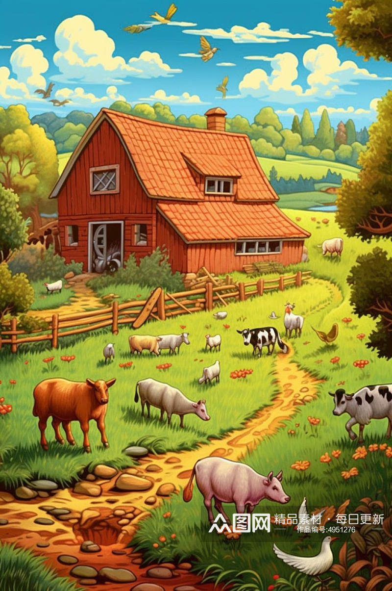 AI数字艺术创意奶牛农庄农场插画图片素材