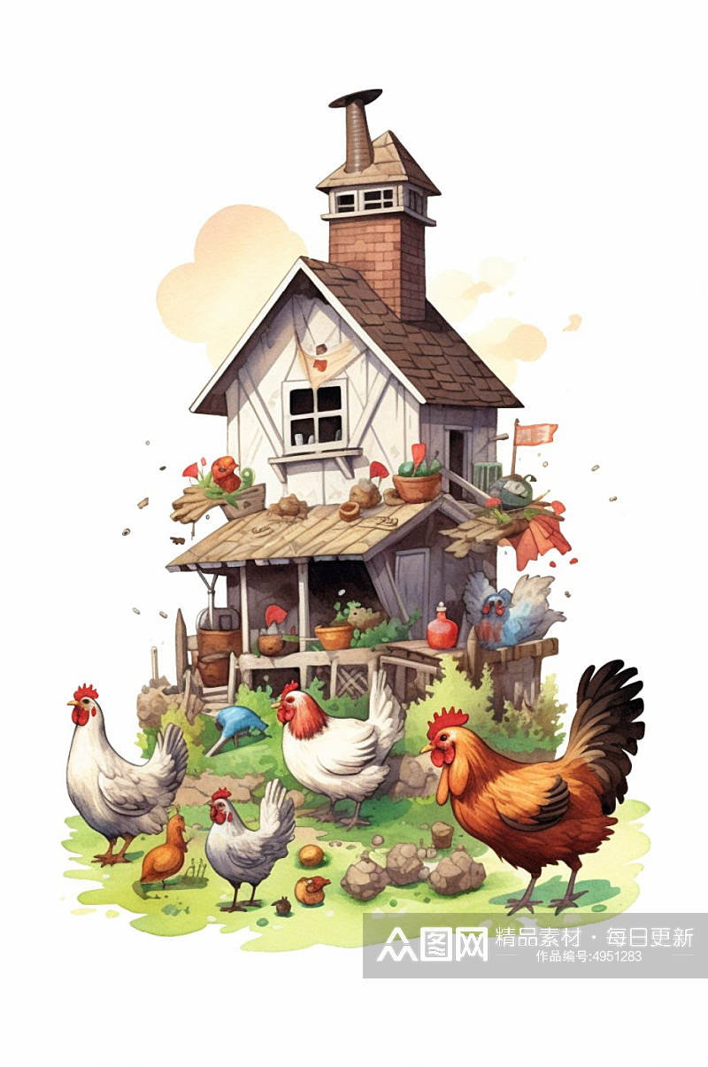 AI数字艺术创意木屋农庄农场插画图片素材