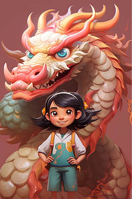 AI数字艺术国潮龙年女孩和龙人物动物模型-众图网