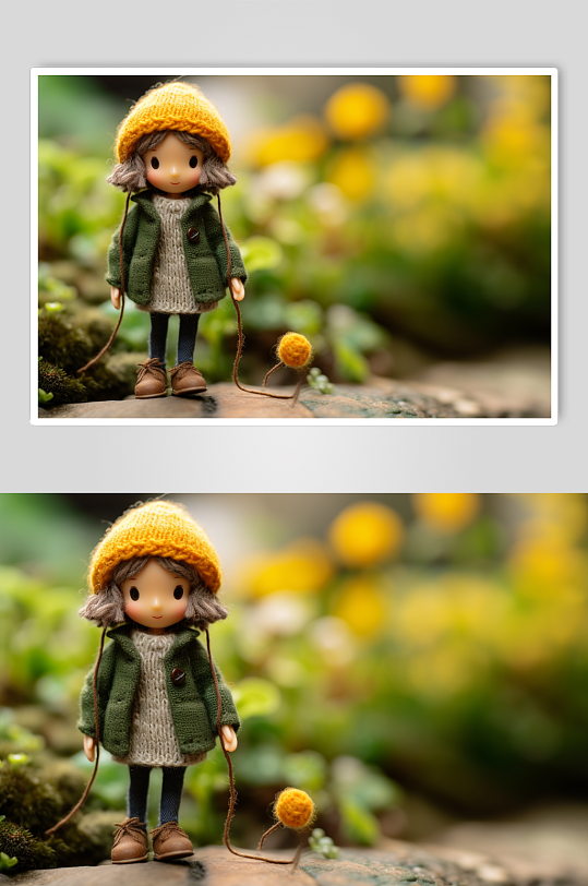 AI数字艺术秋季羊毛毡微缩女孩散步摄影图