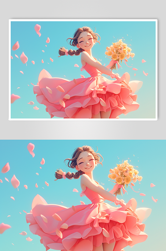 AI数字艺术三八妇女节插画春季捧花女孩人物模型-众图网