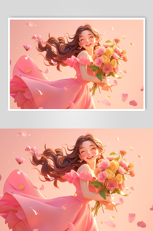 AI数字艺术三八妇女节插画春季捧花女孩人物模型-众图网