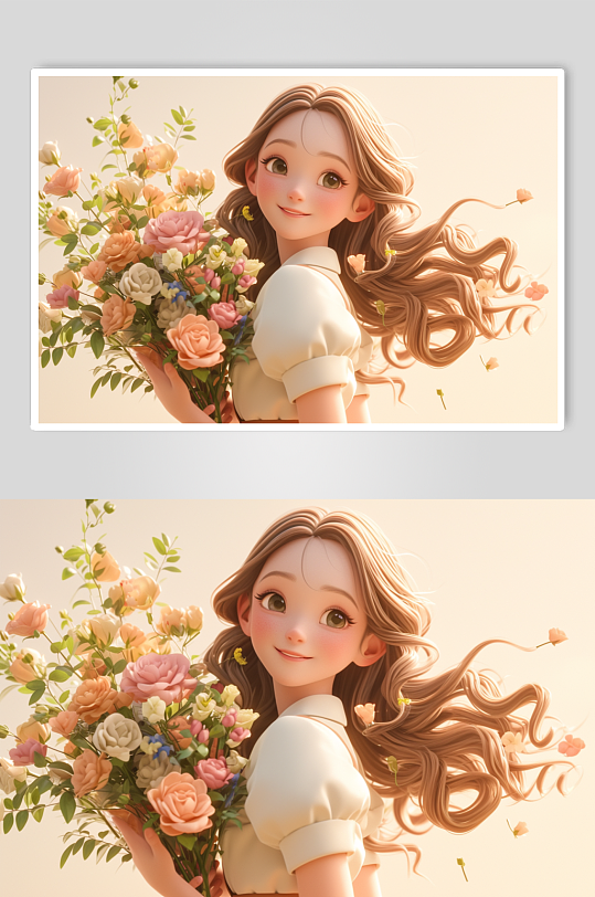 AI数字艺术三八妇女节插画春季捧花女孩人物模型插画-众图网