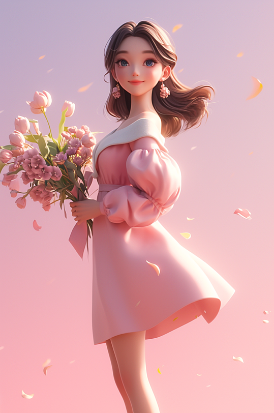 AI数字艺术三八妇女节插画春季捧花女孩人物模型-众图网