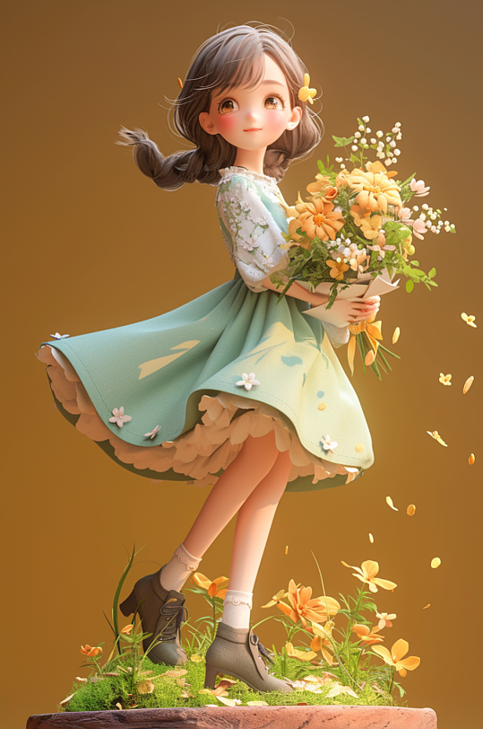 AI数字艺术春季捧花女孩人物模型插画