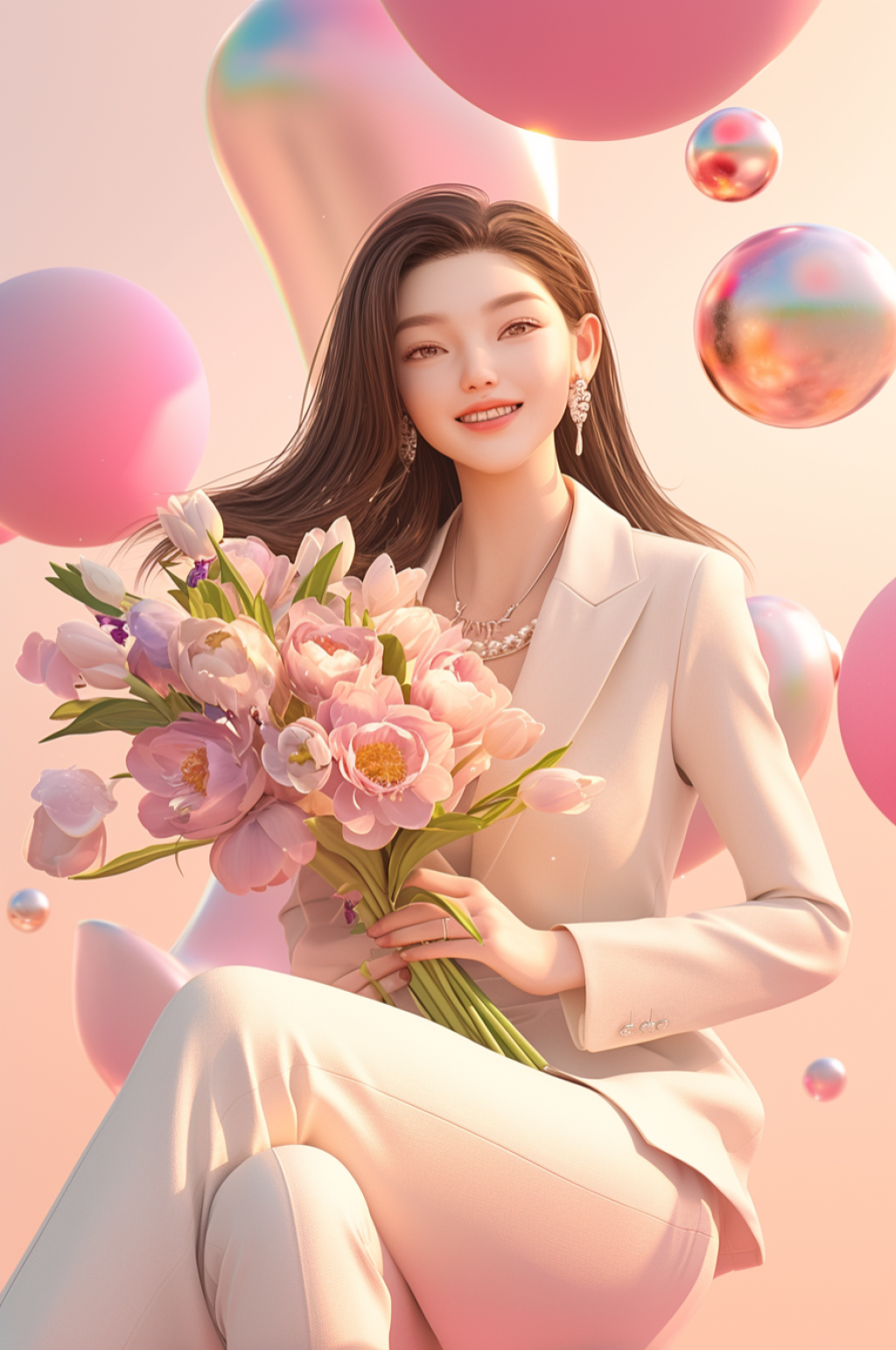 AI数字艺术三八妇女节插画春季捧花女孩人物模型素材