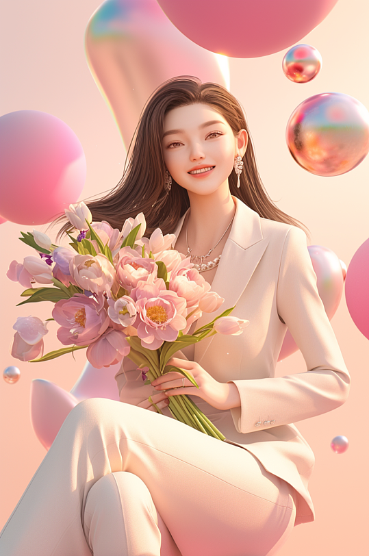 AI数字艺术三八妇女节插画春季捧花女孩人物模型-众图网