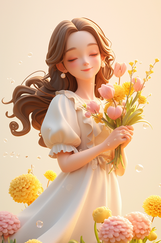 AI数字艺术三八妇女节插画春季捧花女孩人物模型-众图网