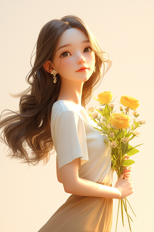 AI数字艺术春季捧花女孩人物模型-众图网
