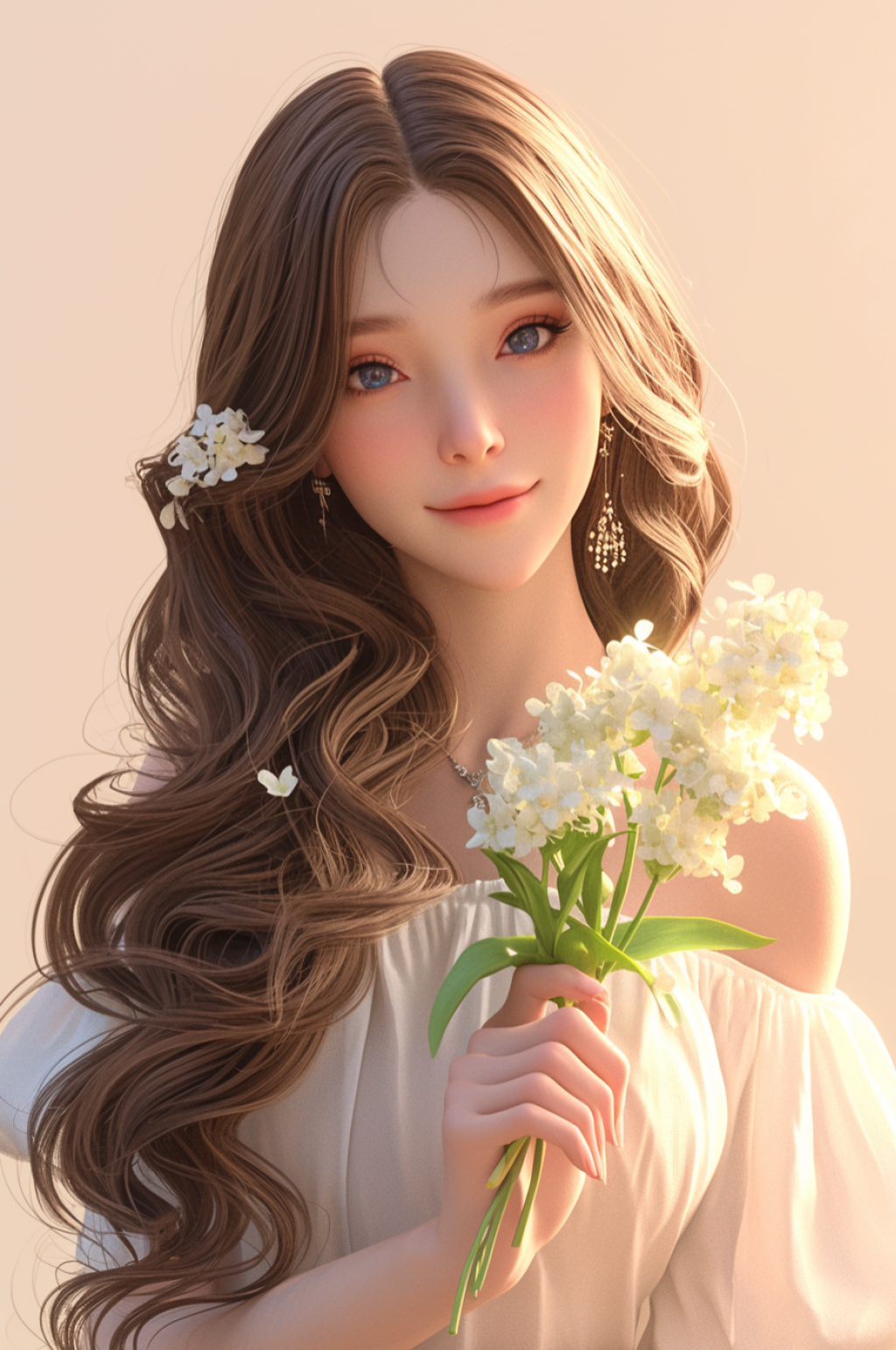 AI数字艺术三八妇女节春季捧花女孩医美人物模型插画素材